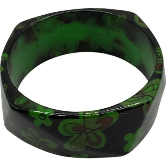 Geometric Black & Green Floral Resin Bangle Bracelet - Picture 1 of 5
